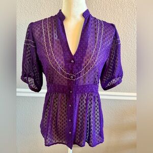 Banana Republic Purple Swiss Dot Sheer Top Size M Short Sleeve Boho Peplum